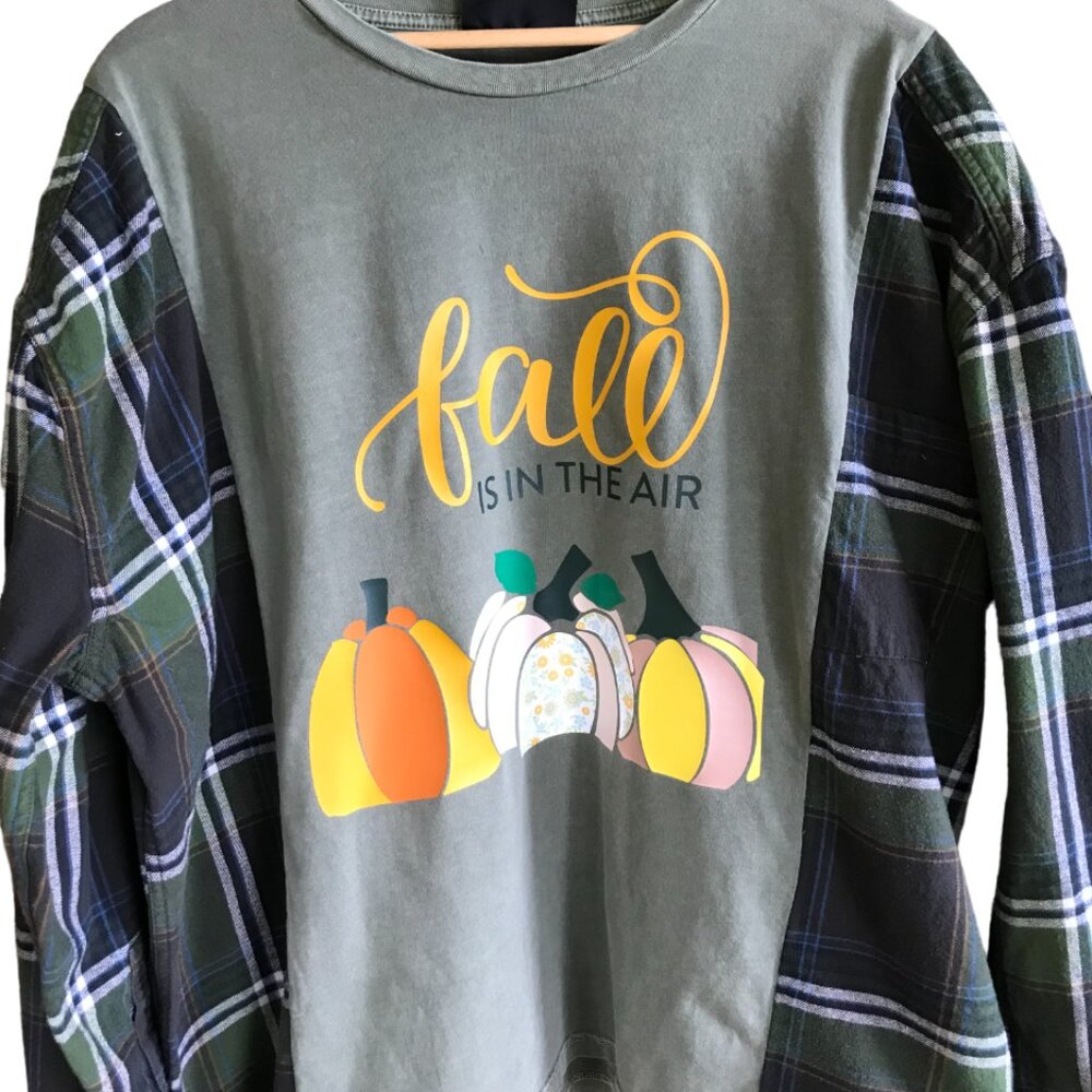 Upcycled Autumn Flannel Shirt Reworked Oversized Pumpkins Graphic Plus Size - Picture 9 of 13